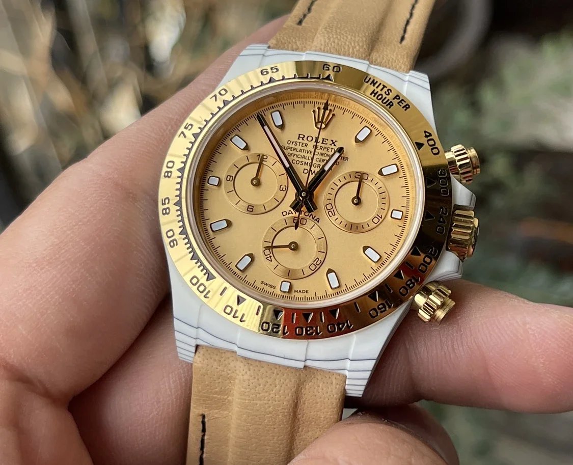 【Movimiento 4130 Versión modificada DIW】 Caja de fibra de carbono con esfera amarilla de la serie Rolex Cosmograph Daytona